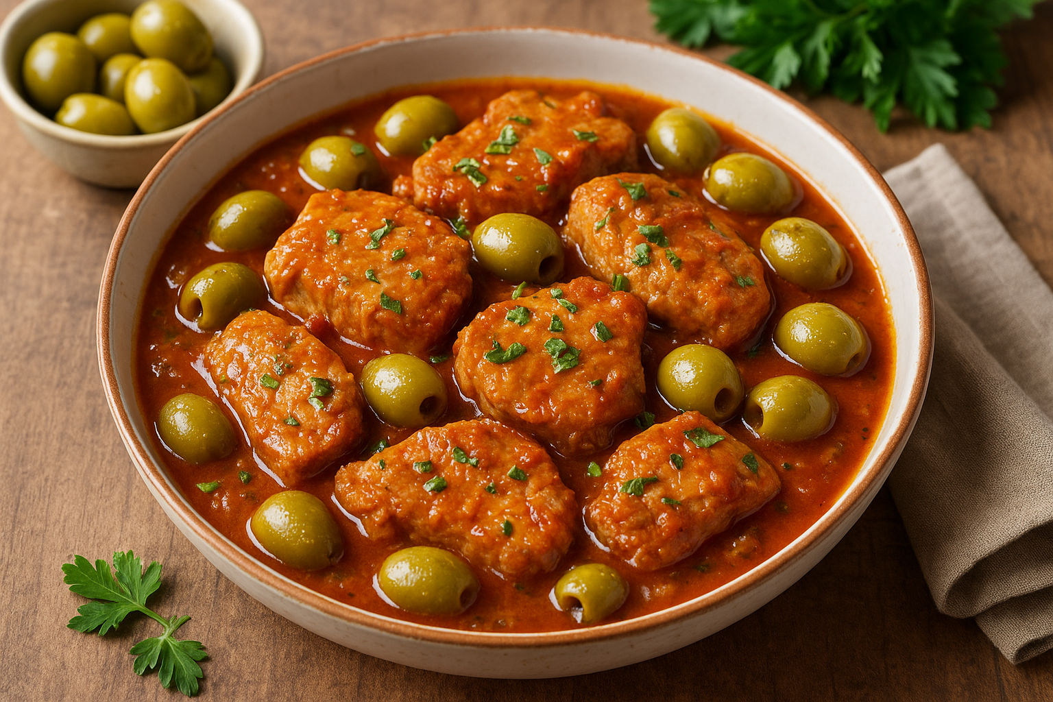 veau dans une sauce tomate avec olives vertes.