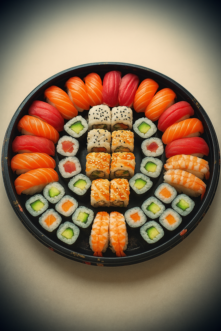 Assortiment de sushis variés Plateau de sushis avec saumon, thon, crevettes et makis.