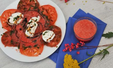 Carpaccio de tomates, smoothie de pastèque et mozzarella Casa Azzurra