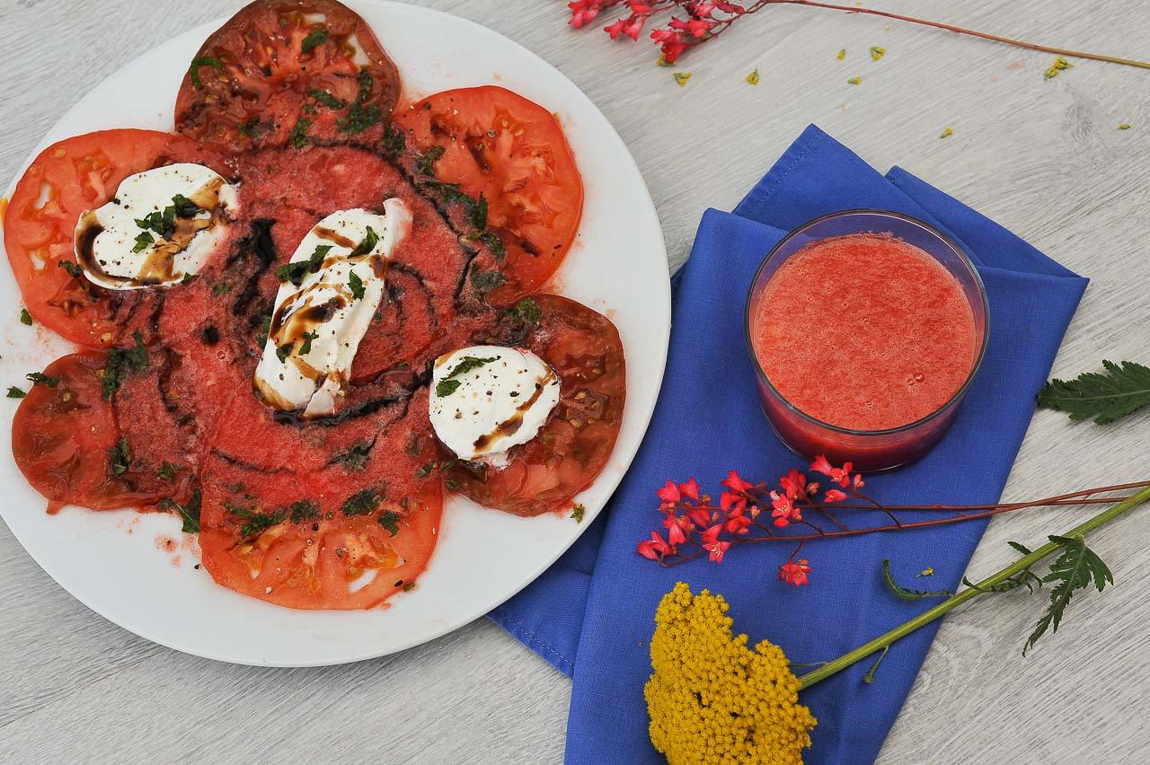 Carpaccio de tomates, smoothie de pastèque et mozzarella Casa Azzurra