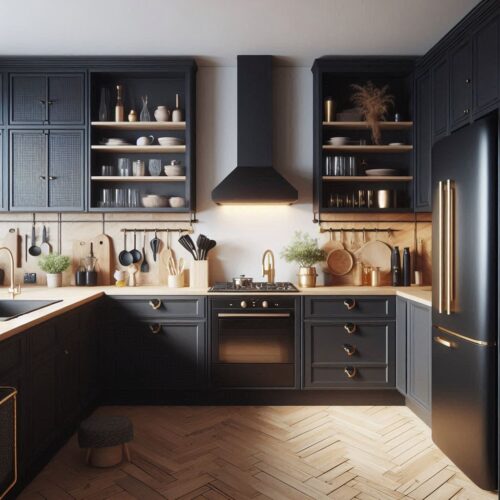 Cuisine élégante avec armoires noires et plan de travail en bois clair.