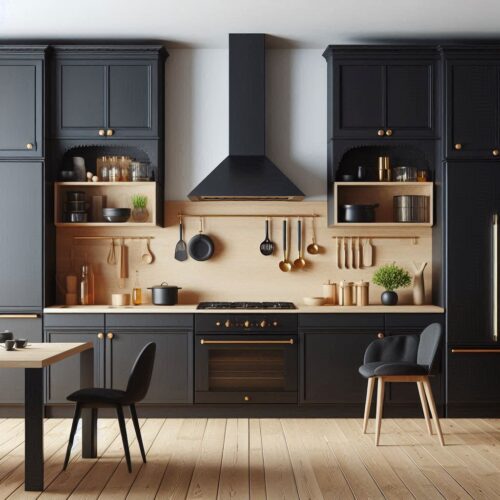 Cuisine contemporaine avec armoires noires et plan de travail en bois clair.