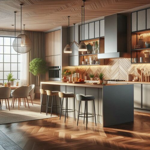Cuisine contemporaine avec îlot central et éclairage suspendu.