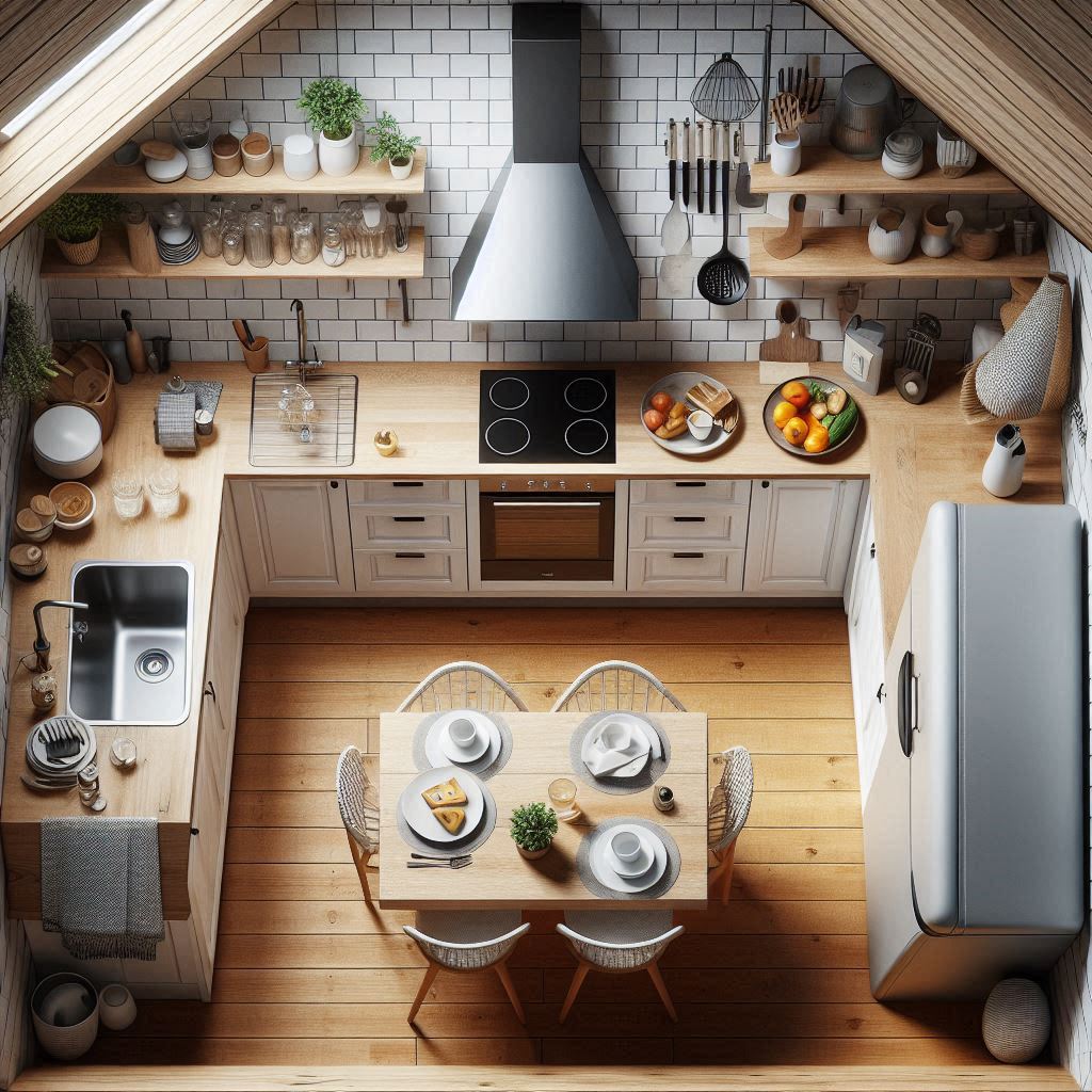 Cuisine moderne avec coin repas Vue aérienne d'une cuisine moderne avec coin repas en bois clair.