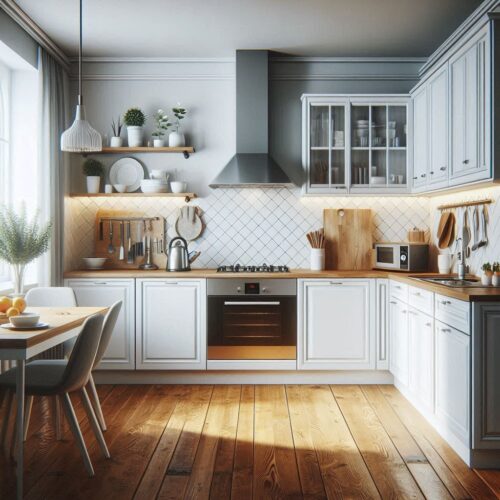 Cuisine blanche avec plan de travail en bois et appareils électroménagers modernes.