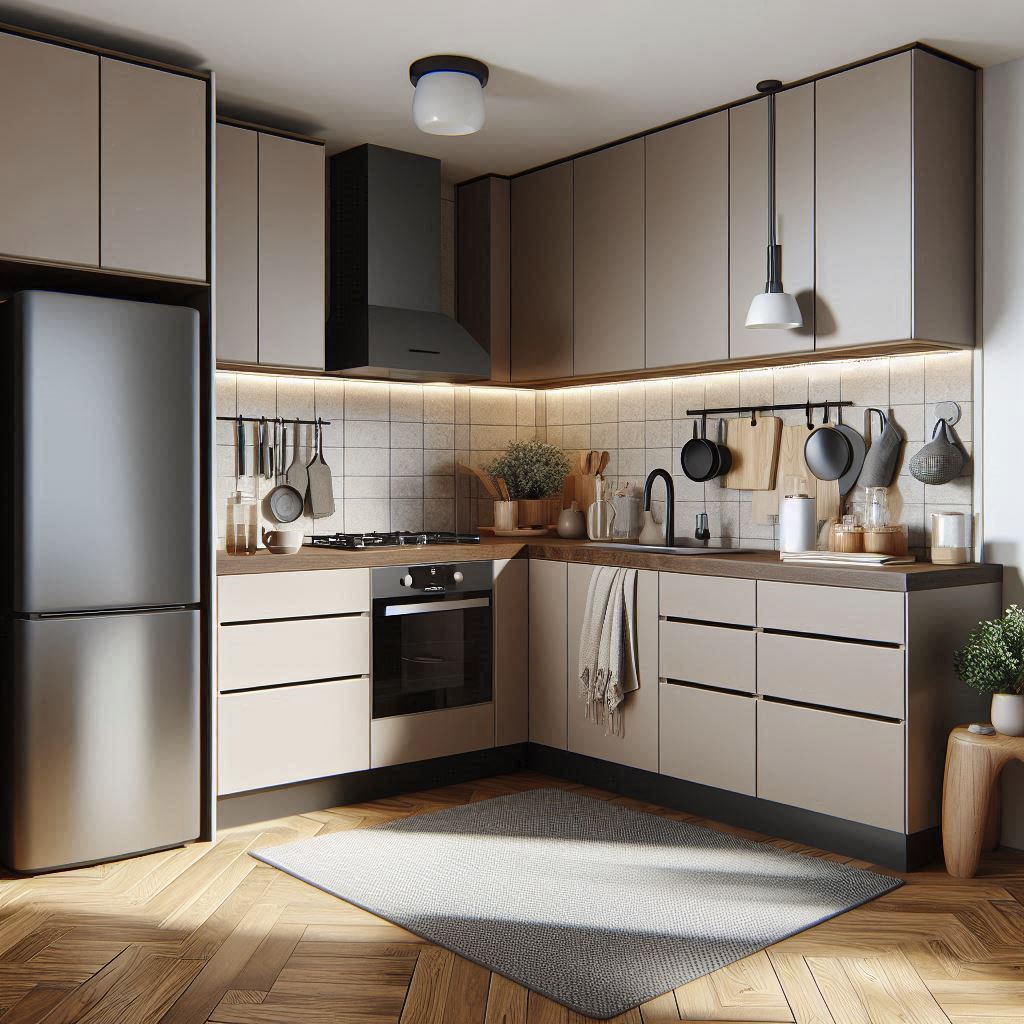 Cuisine moderne avec rangements pratiques Cuisine équipée avec appareils modernes et rangements spacieux.