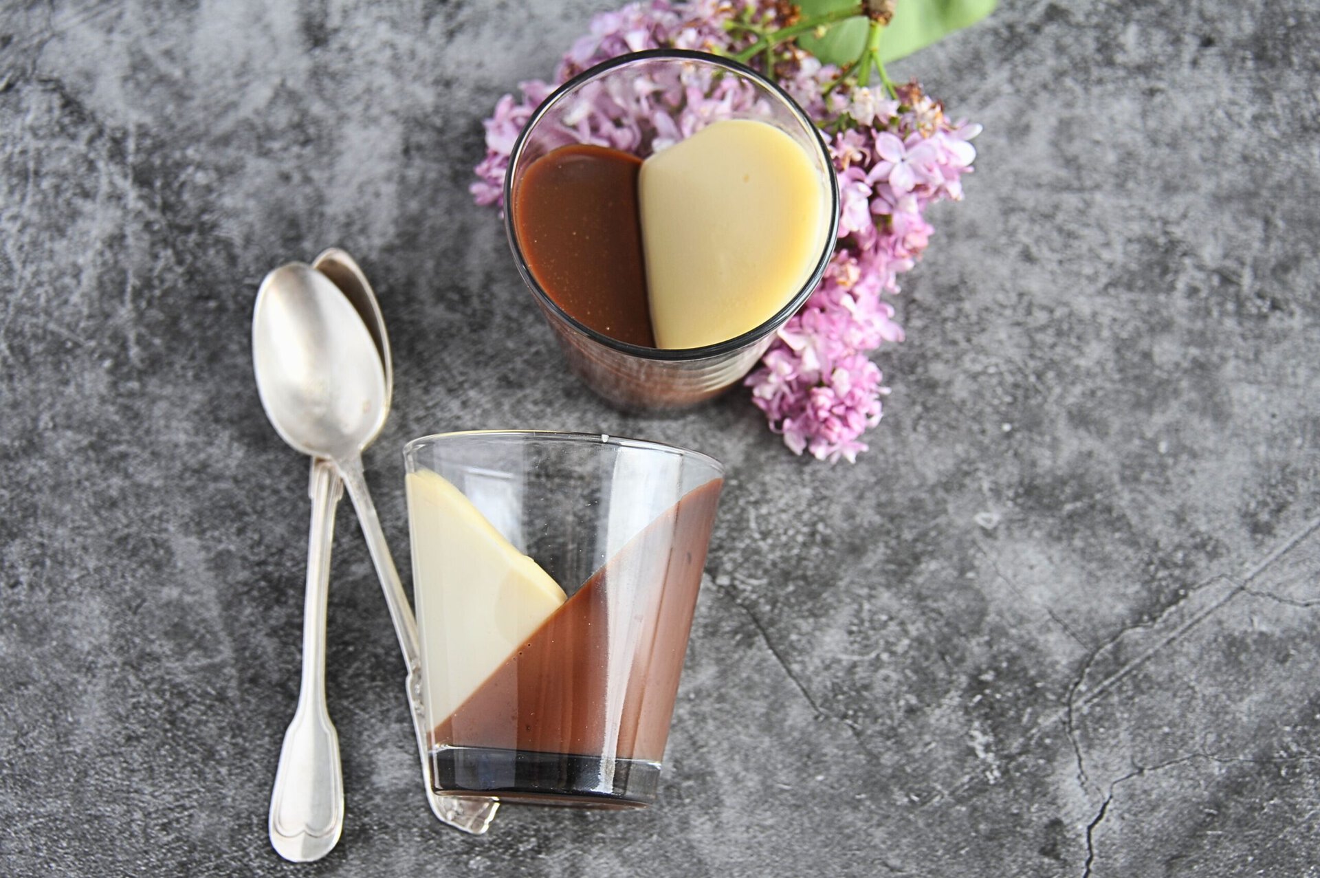 Dessert avec panna cotta et Nutella dans deux verres.