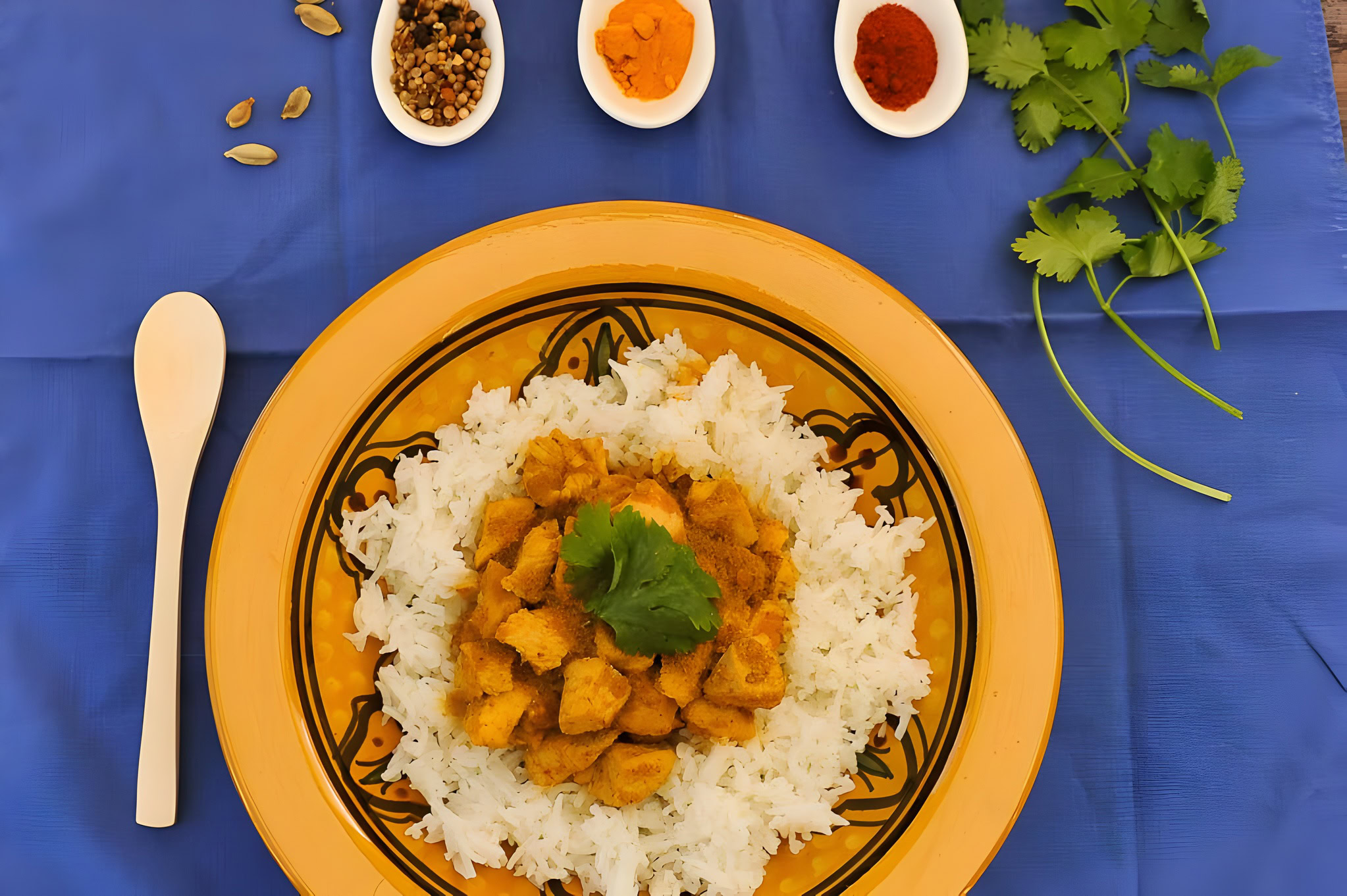 Plat de poulet au curry servi sur riz blanc avec épices et coriandre.